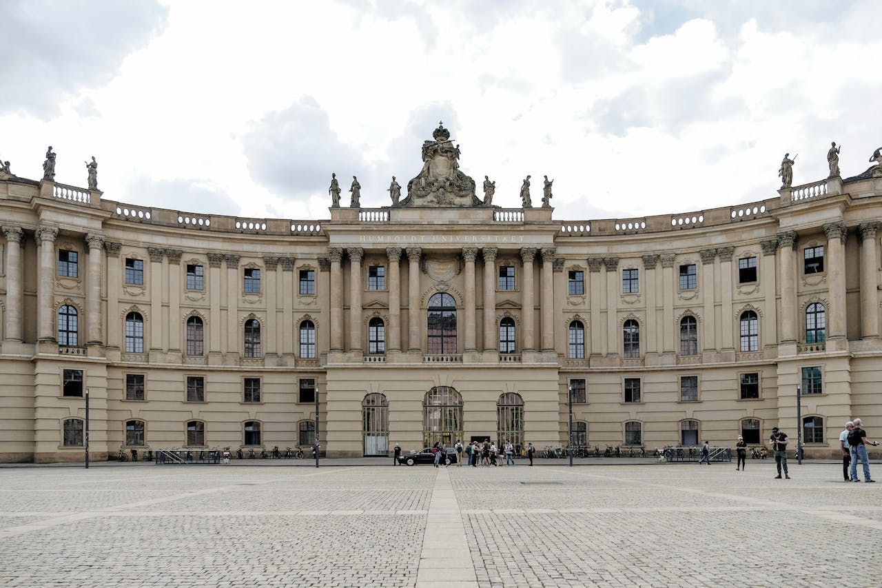 Elegant facade of Humboldt University's library in Berlin, showcasing neoclassical architecture.